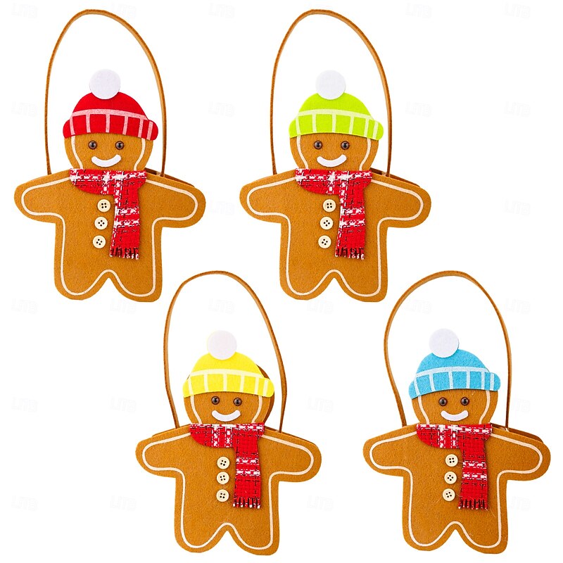 4PCS Christmas Gingerbread Gift Bags, Double-Sided Cartoon Gingerbread Man Tote Bags, Holiday Candy Bags for Kids, Xmas Party Favor Bags4