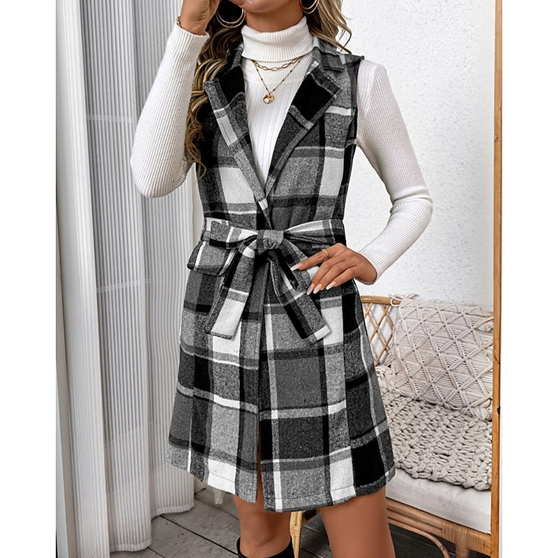 Women's Vest Comfortable Pocket Classic Casual Plaid Vacation Street Casual Going out Long Turndown Regular Fit Sleeveless Outerwear Light Grey Fall Winter