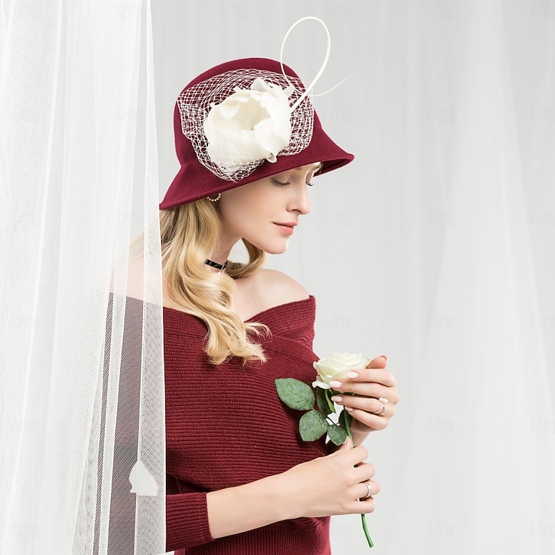Hats 100% Wool Bowler / Cloche Hat Bucket Hat Fedora Hat Wedding Evening Party Elegant Wedding With Feather Floral Headpiece Headwear4