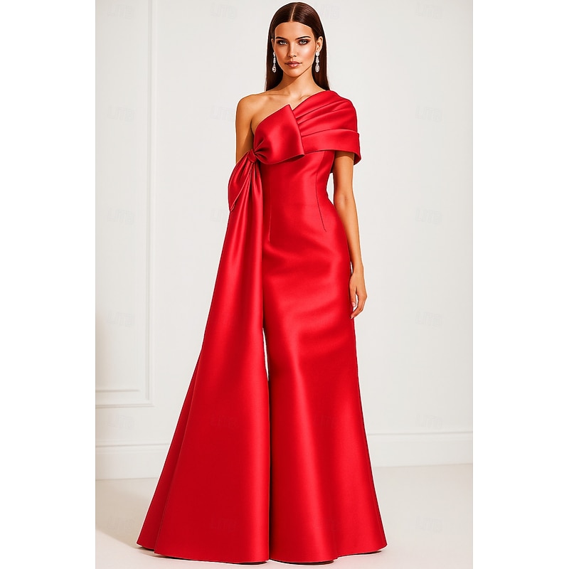 Red Black Sheath / Column Evening Gown Elegant Formal Dress Formal Wedding Floor Length Short Sleeve High Neck Capes Satin with Shawl 2025