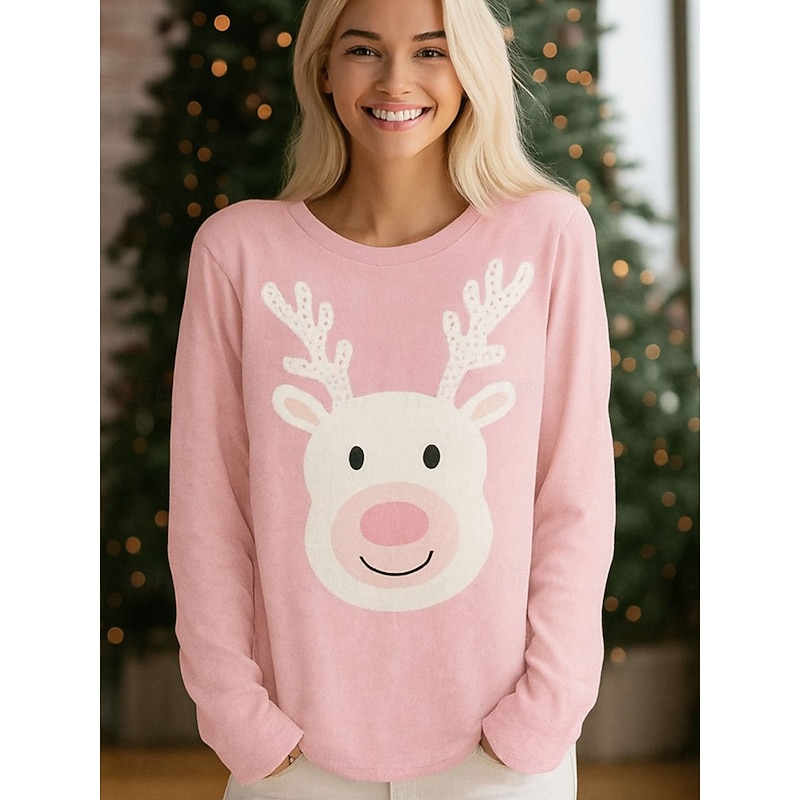 Christmas Women's T Shirt Graphic Reindeer Vintage Fashion Stylish Long Sleeve Crew Neck Regular Tops Daily Weekend Print Pink Blue Purple Green Spring Fall Winter