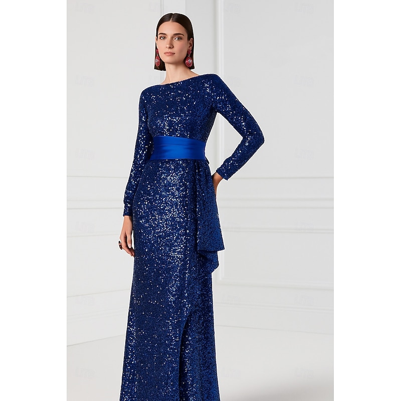 Blue Black Sheath / Column Evening Gown Elegant Formal Dress Formal Wedding Floor Length Long Sleeve Crew Neck Capes Sequined with Glitter Ruffles 2025