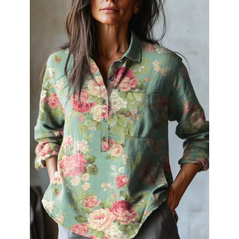 Women's Shirt Floral Stylish Casual Long Sleeve Shirt Collar Regular Tops Daily Pocket Buttons Print White Purple Green Khaki Summer Spring Fall