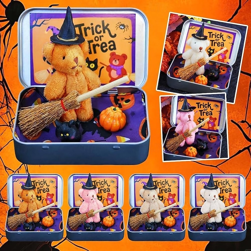Halloween Bear in a Box for Trick or Treat,Handmade Little Witch Bear in Box,Plush Mini Teddy Bear Gift with Wizard Hat,Emotional Support Inspirational Gifts,Thoughtful Desk Accessories for Friends