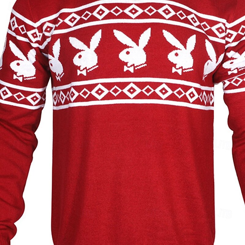 Christmas Men's Rabbit Diamond Pattern Fair isle Sweater Pullover Sweater Jumper Knitwear Crewneck Casual Vacation Daily 3D Print Keep Warm Long Sleeve Spring Fall Winter Red2