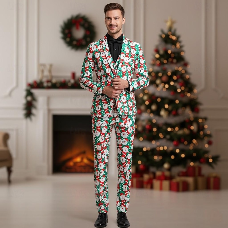 Santa Claus Christmas Party Suit Three Piece Suit Blazer Men's Funny Christmas Lights Pattern Fancy Dress Adults Christmas New Year Party Trousers waistcoat Suit