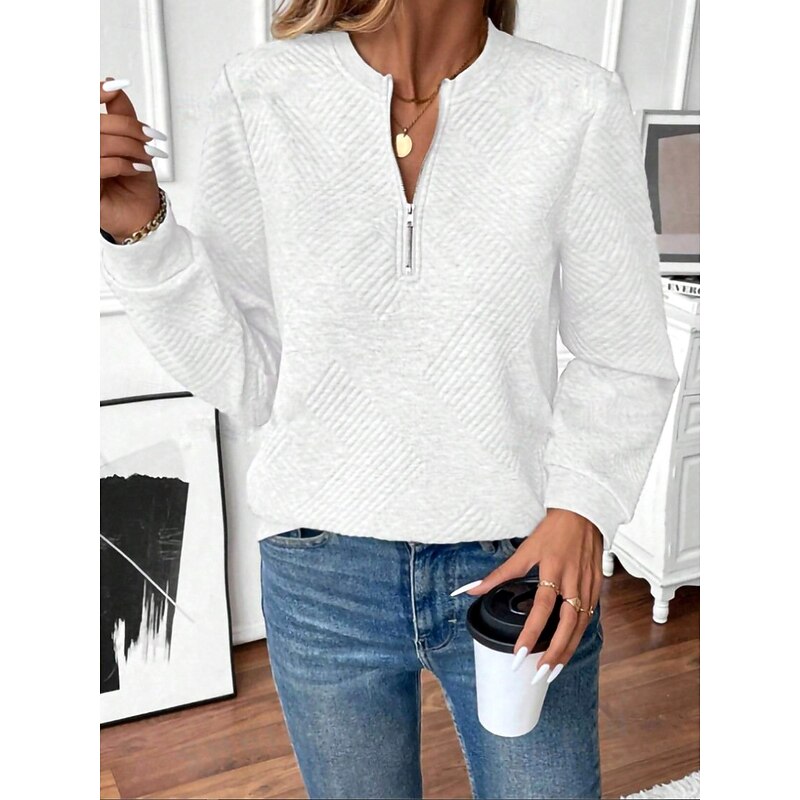 Women's Pullover Sweatshirt Plain Warm Casual Long Sleeve Crew Neck Regular Tops Zipper White Pink Gray Fall Winter3