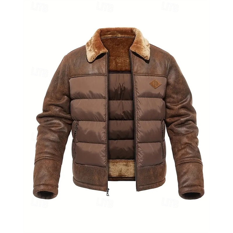 Men's Puffer Jacket Sherpa Jacket Pocket Polyster Vacation Daily Wear Date Regular Fashion Casual Comfortable Thermal Warm Fall Winter Solid / Plain Color Dark Brown Black Puffer Jacket