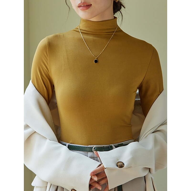 Women's Blouse Solid Color Stylish Casual Long Sleeve Turtleneck Regular Tops Daily Black White Pink Brown Beige Spring Fall Winter3