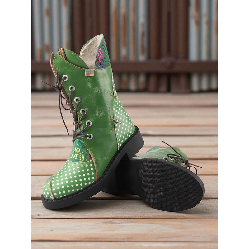 Women's Genuine Leather Green Polka Dot Combat Boots – Retro Lace-Up Boots for Outdoor Fashion and Festivals2