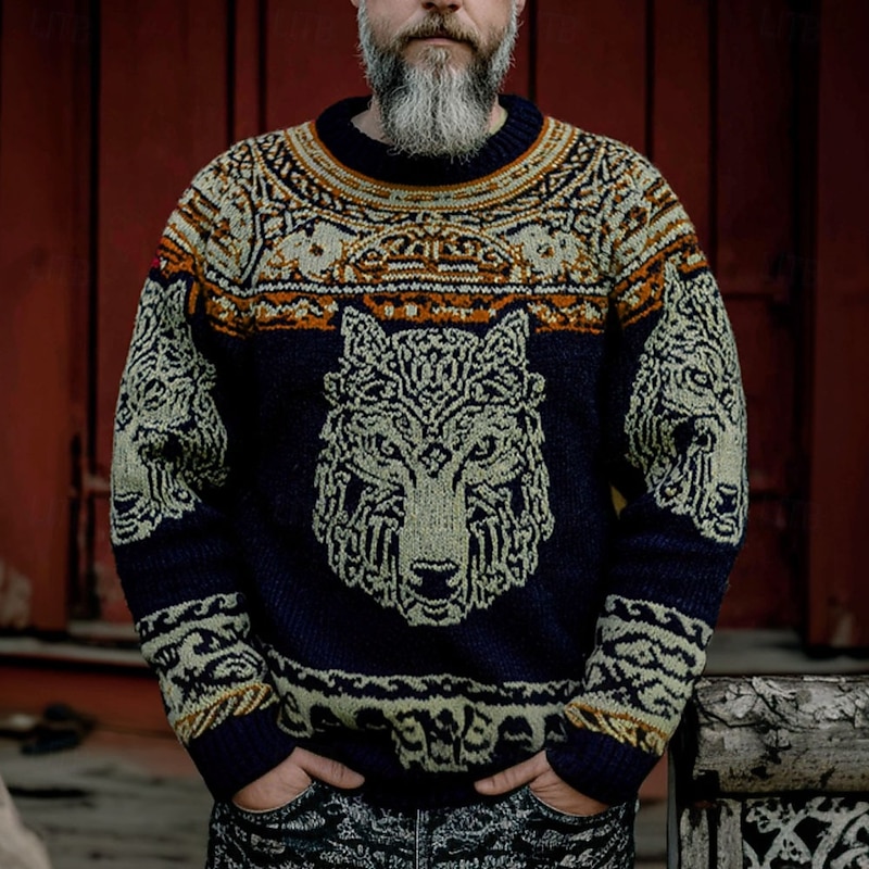 Men's Wolf Viking Pullover Sweater Jumper Knitwear Crewneck Retro Vintage Casual Vacation Daily 3D Print Knitting Keep Warm Long Sleeve Spring Fall Winter Lake blue Red Brown4