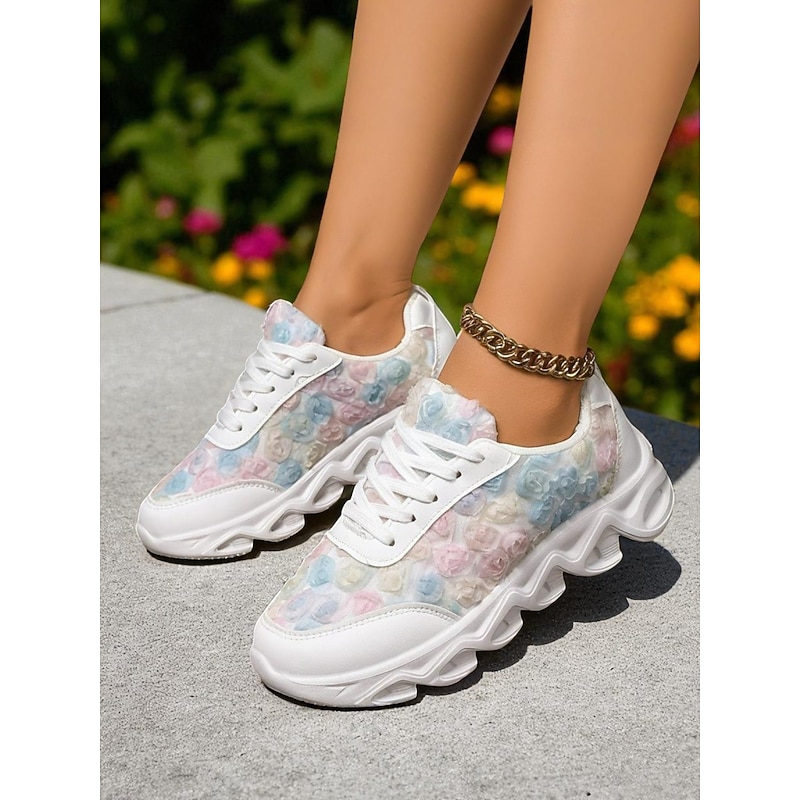 Women's White Sneakers with Colorful Floral Pattern – Lightweight Casual Fashion Shoes for Walking, Travel and Streetwear3