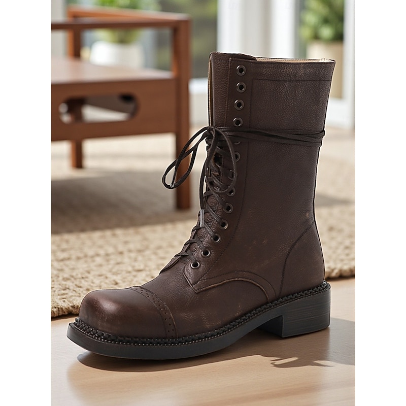 Women's Classic Maillard British Style Leather Lace Up Boots - Vintage Retro Combat Ankle Boots for Casual Autumn Winter Wear