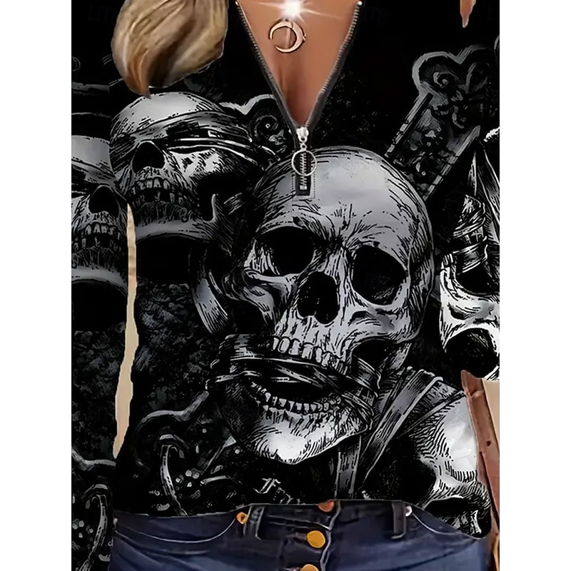 Halloween Women's T Shirt Graphic Skull Fashion Casual Long Sleeve Crew Neck Round Neck Regular Tops Daily Zipper Print Black Spring Fall Winter3