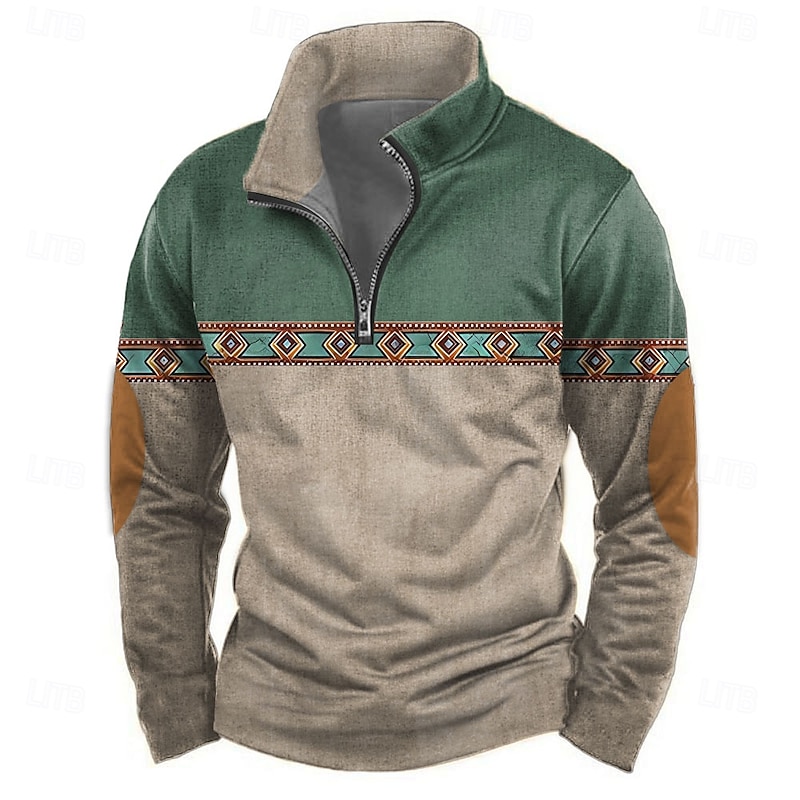 Men's Tribal Sweatshirt Ethnic Vintage Retro High Neck Outdoor Sports Outdoor Blue Green Zipper Quarter Zip Fall Winter Designer