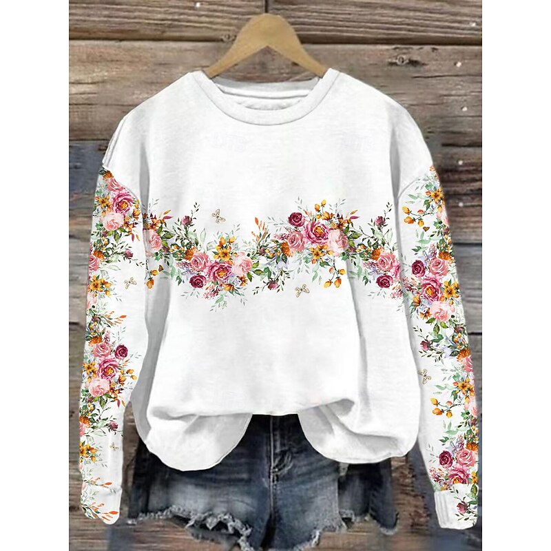 Women's Pullover Floral Graphic Warm Classic Casual Long Sleeve Crew Neck Regular Tops Home Street Dailywear Print White Spring Fall Winter