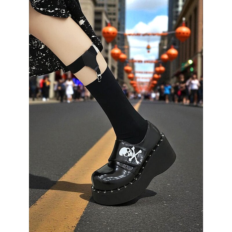 Women's Black Halloween Skull Print Platform Loafers – Shiny Patent Faux Leather Goth Shoes for Night Parties and Streetwear Looks4