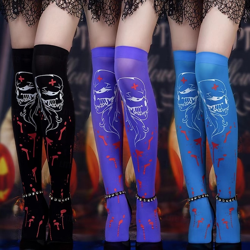 Women's Halloween Nurse Skull Thigh High Socks - Bloody Printed Over the Knee Stockings for Costume Party and Cosplay2