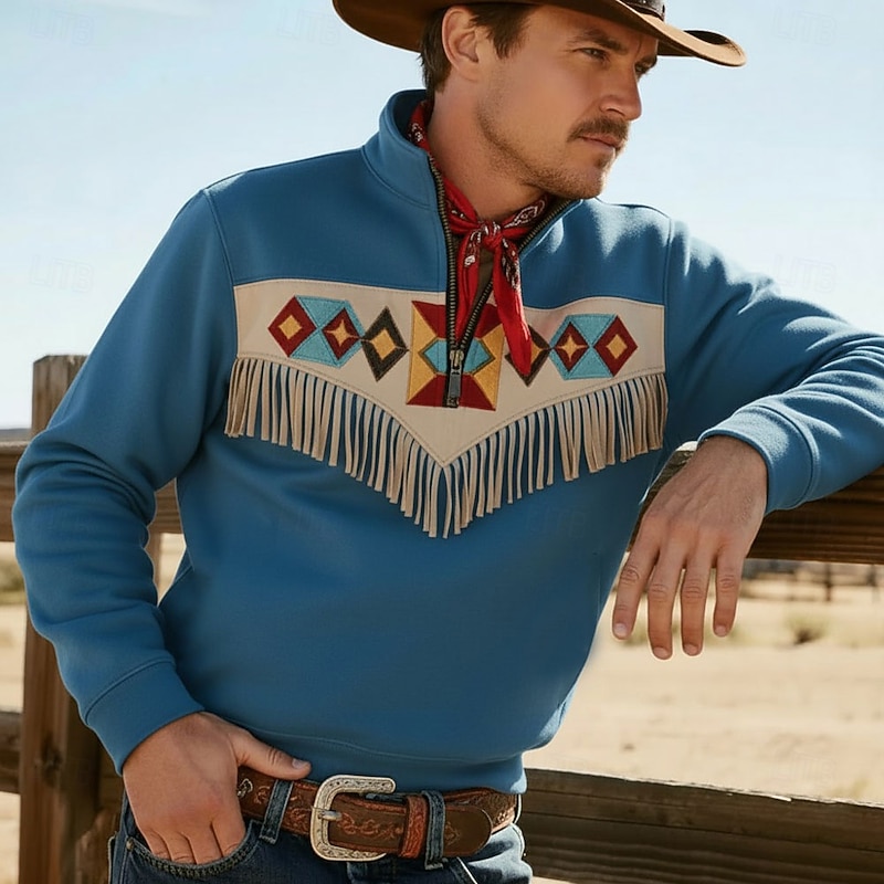 Men's Cowboy Sweatshirt Ethnic Vintage Retro Stand Collar Outdoor Work Gift Black Blue Zipper Fall Winter Designer3