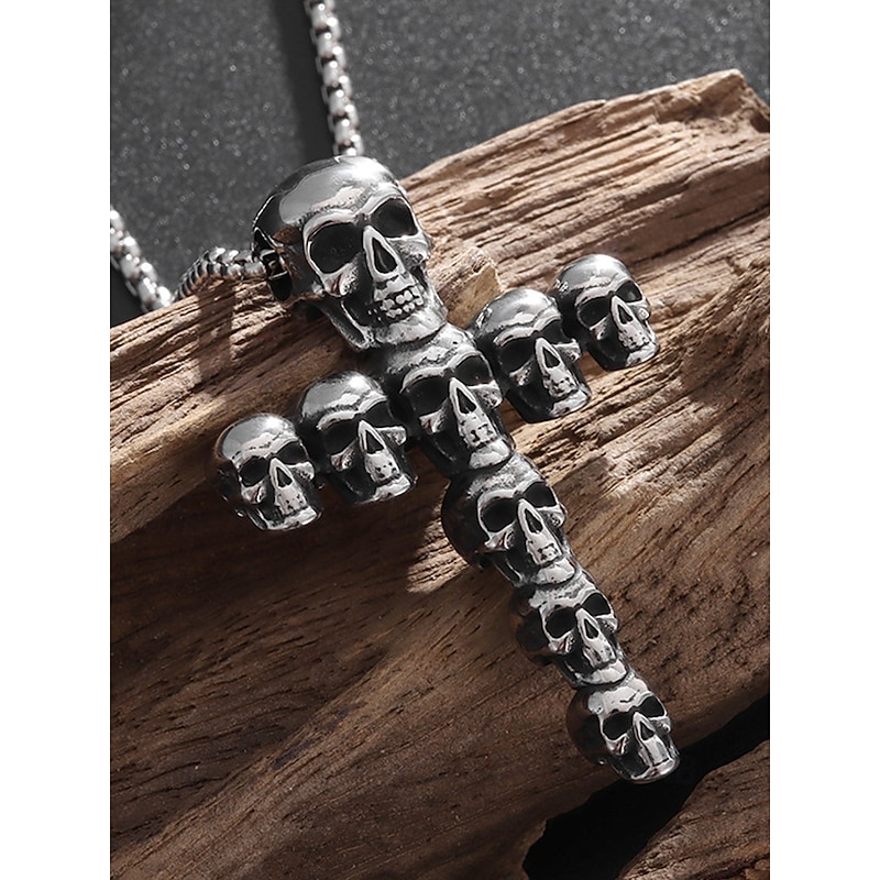 Men's Halloween Skull Cross Necklace – Gothic Alloy Pendant with Chain, Punk Style Jewelry for Party, Cosplay and Festival Wear