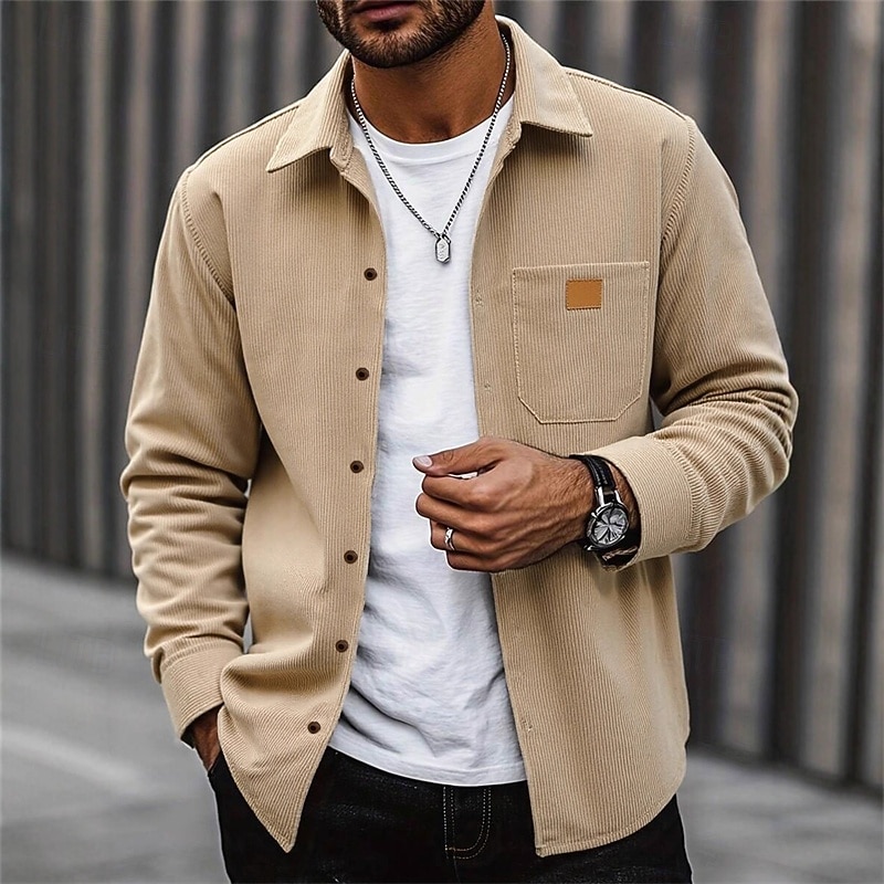 Men's Corduroy Jacket Casual Jacket Vacation Daily Breathable Pocket Fall Winter Plain Fashion Classic Lapel Regular Black Khaki Army Green Jacket