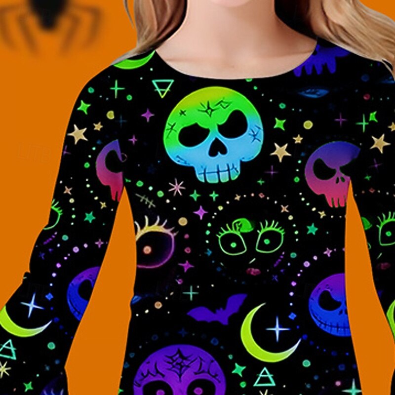 Halloween Girls' 3D Skull Dress Ruffle Dress Long Sleeve Summer Spring Vacation Daily Holiday Beautiful Sweet Kids 4-12 Years Casual Dress Knee-length Regular Fit2