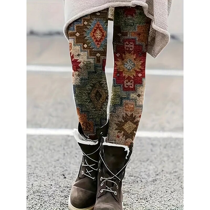 Women's Leggings Vacation Vintage Fashion Full Length High Waist Graphic Paisley Plaid Drawstring Patchwork Printing Thermal Warm Soft Breathable Stretchy Vacation Street Causal Dark Brown Dark
