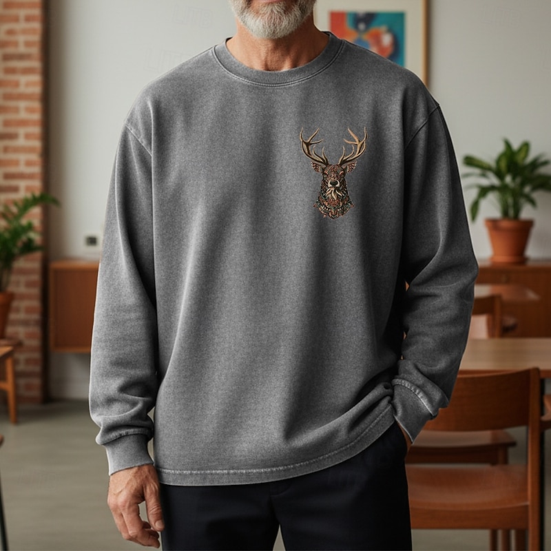 Men's Sweatshirt Distressed Hoodie Apricot Black Pink Army Green Brown Crew Neck Reindeer Print Daily Holiday Going out 100% Cotton Vintage Retro Casual Fall Winter Clothing Apparel Hoodies3