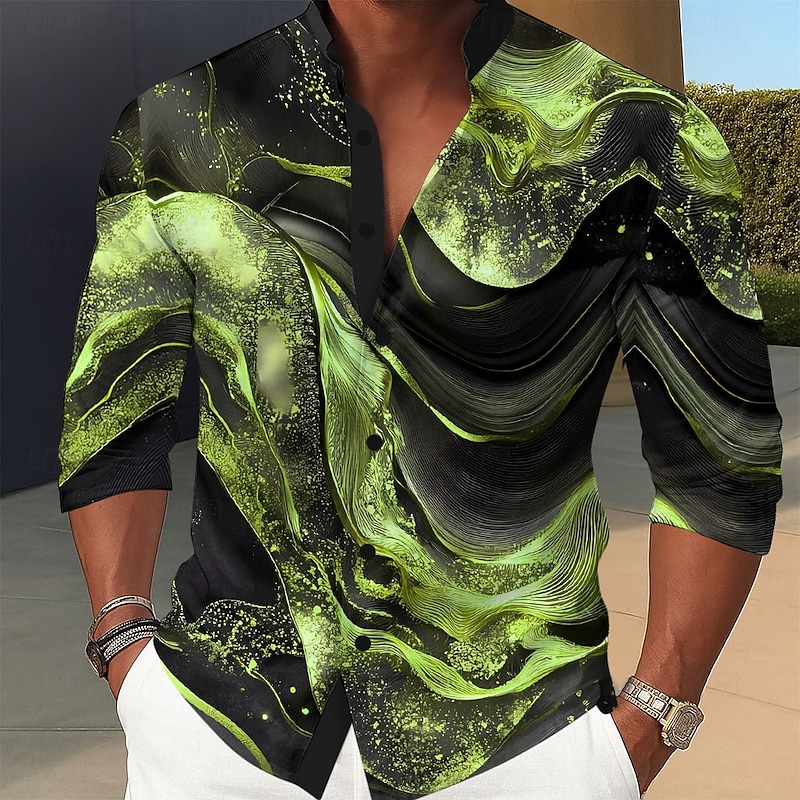 Men's Geometric Pattern Marble Abstract Liquid Art Shirt Stand Collar Shirt Long Sleeve Fashion Casual Dailywear Holiday Spring Fall Mandarin Collar Band Collar 3D Print Button Up Shirts Blue Purple3