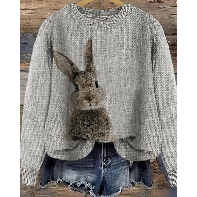 Women's Sweater Pullover Casual Animal Ribbed Crew Neck Knitted Long Sleeve Regular Tops Knit Daily Holiday Going out Gray Fall Winter
