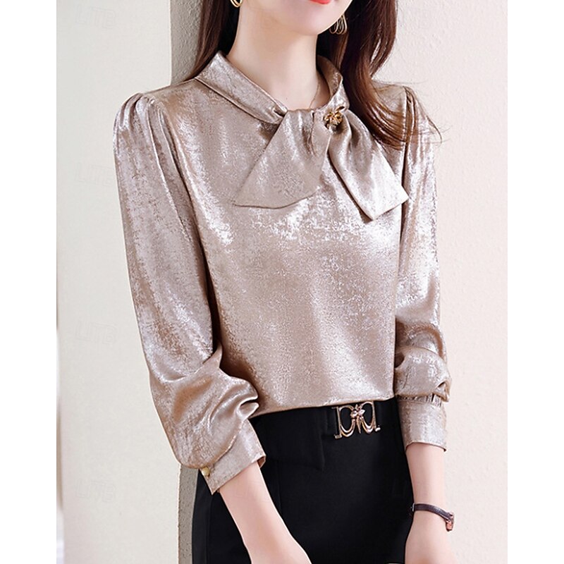 Women's Shirt Elegant Dressy Satin Plain Elegant Stylish Long Sleeve Crew Neck Regular Tops Holiday Going out Bow Champagne Spring Fall3