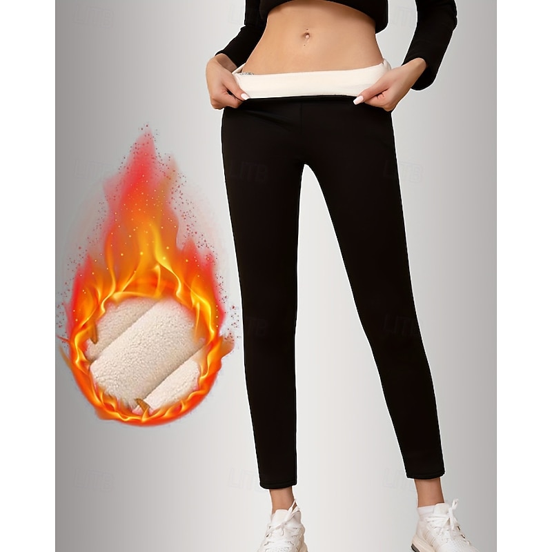 Women's Chinos Leggings Cozy Fleece Lined Casual Full Length Medium Waist Plain Elastic Waist Warm Comfortable Stretchy Outdoor Vacation Daily claret Dark-Gray Black Dark Navy Fall Winter Regular Fit2