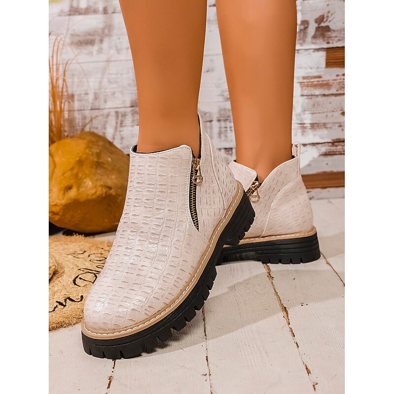 Women's Boots Chelsea Boots Daily Zipper Flat Heel Round Toe Casual Faux Leather Zipper Light Brown Black Beige2