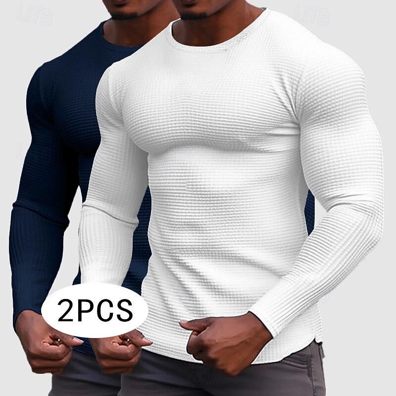 Men's Waffle Shirt T Shirt Tee Top Long Sleeve Shirt Long Sleeve Crew Neck Spring &  Fall All Seasons Plain Fashion Designer Basic 2 Piece Knitted Vacation Street Casual Dark Blue+White Blue / Green