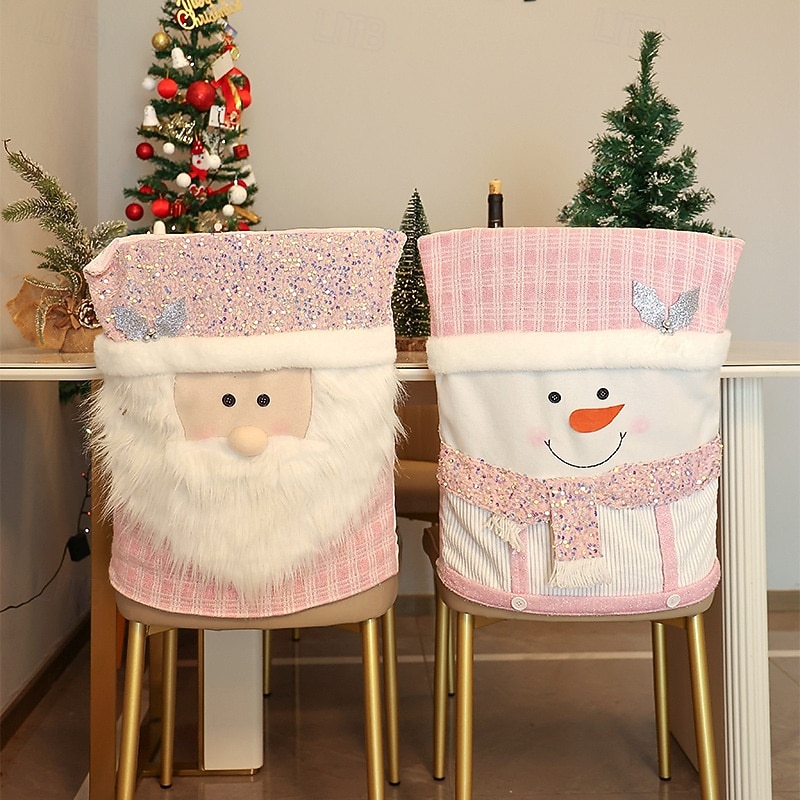 Pink Christmas Chair Covers, Santa Claus Plush Seat Covers for Dining Room and Home Decoration, Festive Holiday Chair Slipcovers for Xmas Party Decor