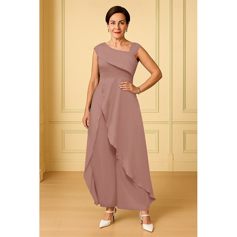 Jumpsuits A-Line Mother of the Bride Dress Elegant Simple V Neck Floor Length Ankle Length Chiffon Stretch Fabric Sleeveless with Solid Color