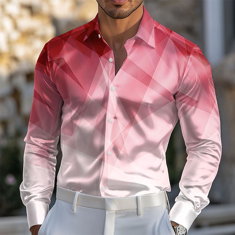 Men's Geometric Pattern Gradient Color Shirt Satin Shirt Dress Shirt Long Sleeve Fashion Casual Vacation Dailywear Summer Spring Fall Turndown 3D Print Button Up Shirts Red Blue Purple Green4