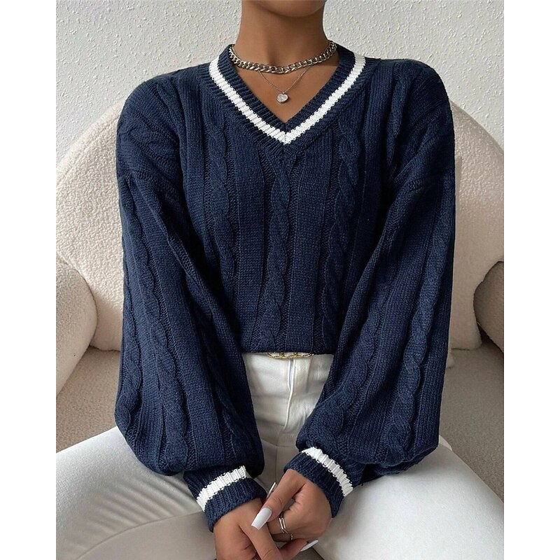 Women's Sweater Pullover Fashion Casual Color Block Ribbed V Neck Knitted Long Sleeve Regular Tops Knit Outdoor Daily Weekend Black Navy Blue Fall Winter