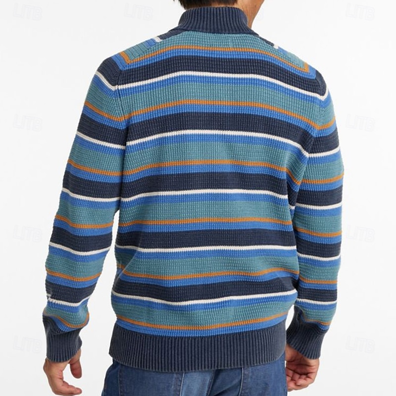 Men's Striped Zip Sweater Sweater Polo Zip Collar Casual Vacation Home Daily Zipper Knitting Keep Warm Long Sleeve Fall Winter Blue2