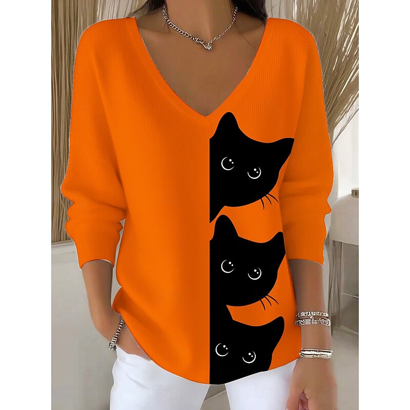 Women's Sweater Pullover Fashion Streetwear Casual Graphic Animal V Neck Oversized Knitted Long Sleeve Regular Tops Knit Outdoor Daily Pink Blue Spring Fall4