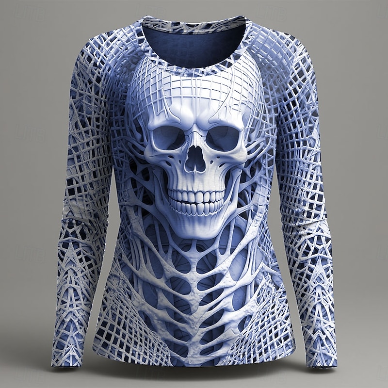 Halloween Women's T Shirt Graphic Skull Fashion Casual Long Sleeve Crew Neck Round Neck Regular Tops Daily Weekend Print Red Blue Green Gray Summer Spring Fall Winter4