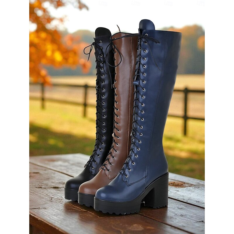 Women's Black Platform Knee-High Lace-Up Boots - Faux Leather Chunky Heel Gothic Boots for Fall Winter Streetwear , Daily Outfits and Halloween Fashion