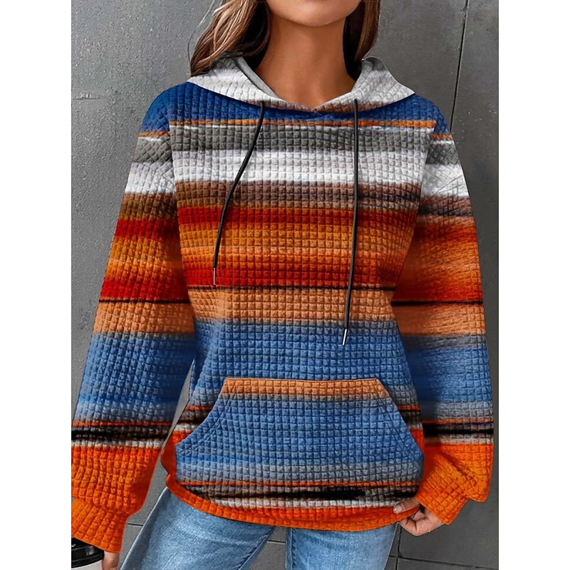 Women's Pullover Hoodie Sweatshirt Striped Casual Long Sleeve Hooded Regular Tops Street Dailywear Pocket Print Blue Purple Orange Green Fall Winter2