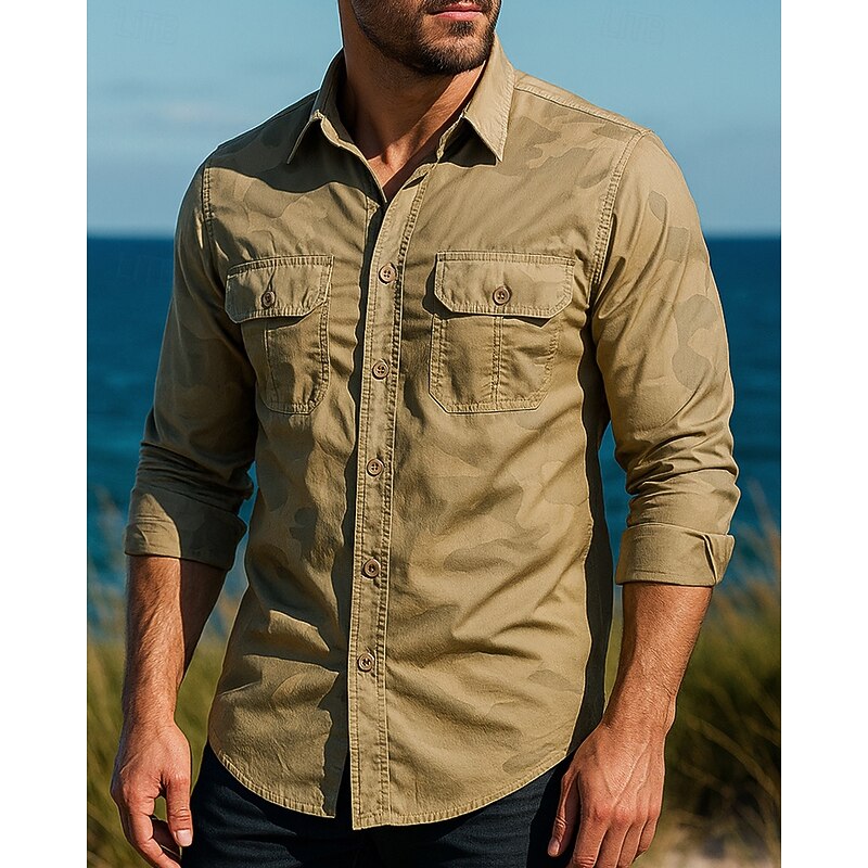Men's Cargo Shirt Hiking Shirt Long Sleeve Turndown Top Outdoor Breathable Cotton Camouflage Army Green Khaki Grey Tennis Golf Running4