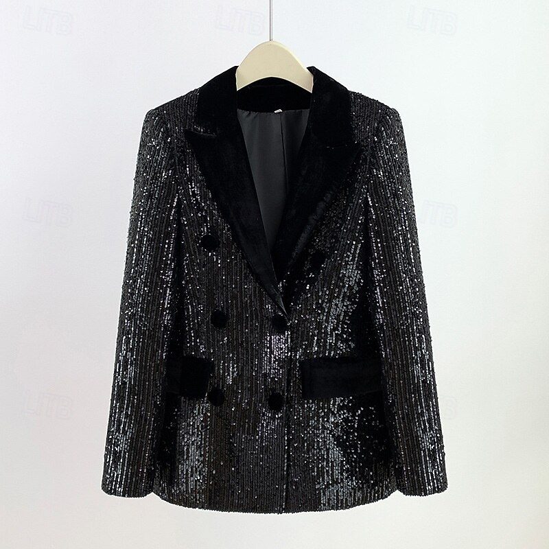 Women's Blazer Sport Coat Formal Wedding Guest Evening Party Sequin Elegant Sparkle Long Sleeve Peak Lapel Double Breasted2
