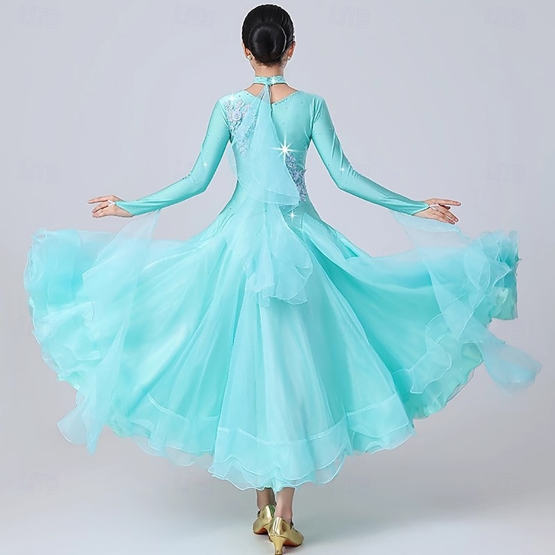 Ballroom Dance Dress Rhinestone Splicing Women's Performance Training Long Sleeve Spandex Organza2