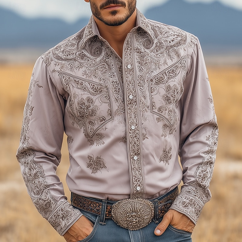 Men's Intricate Floral Flowers Shirt Western Shirt Cowboy Shirt Long Sleeve Vintage Retro Outdoor Vacation Spring Fall Turndown 3D Print Linen Like Shirt Purple