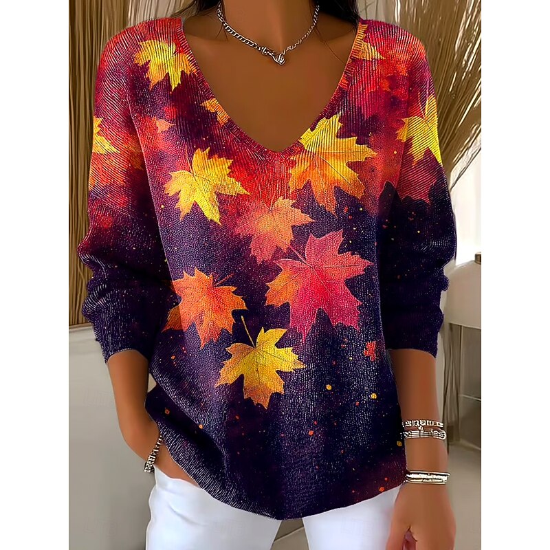 Women's Sweater Casual Soft Graphic Geometric Ribbed V Neck Knitted Long Sleeve Regular Tops Knit Outdoor Daily Weekend Red Spring Fall