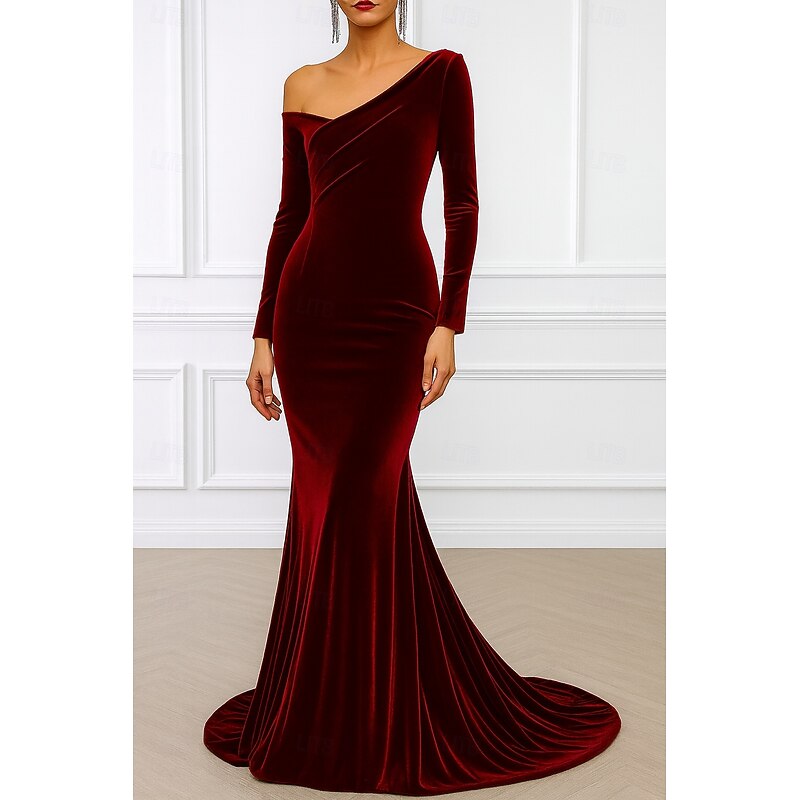 Green Black Mermaid / Trumpet Evening Gown Elegant Dress Formal Wedding Floor Length Long Sleeve Off Shoulder Velvet with Pleats 20253