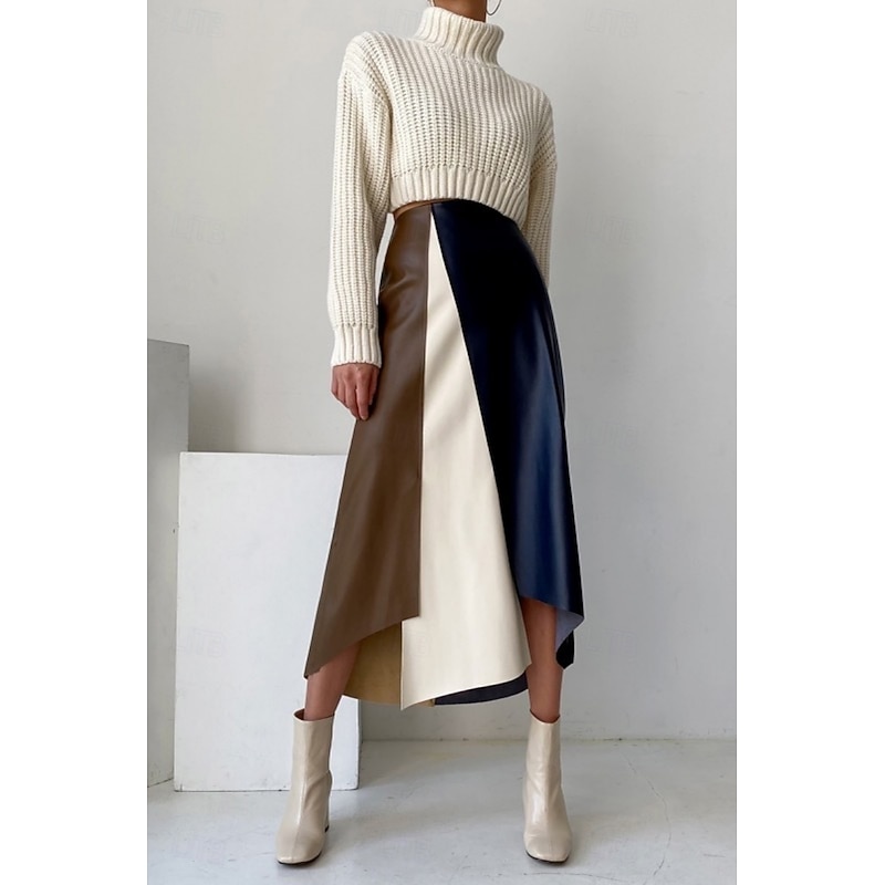 Women's Skirt A Line Fashion Casual Midi High Waist Skirts Color Block Patchwork Inelastic Street Daily Beige Spring Polyester Faux Leather2